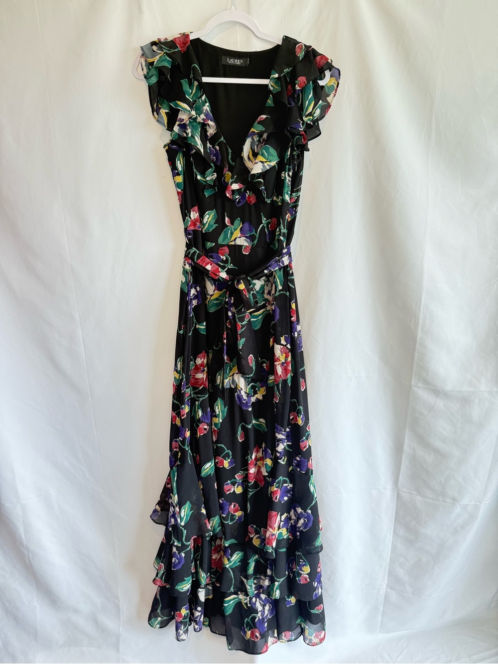 Lauren Ralph Lauren Black Floral Ruffle-Trim Georgette Gown Size 6 - Picture 3 of 14